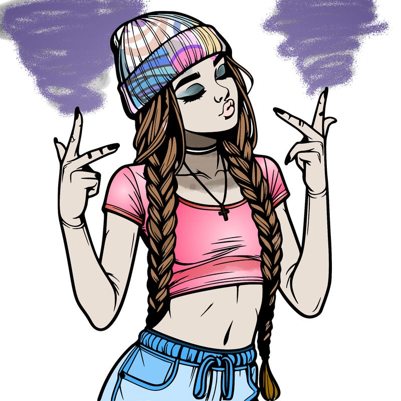 realistic teenage girl with braids and a beanie and crop top doing 🫶🏼