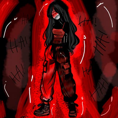 girl in baggy pants crop top and long hair