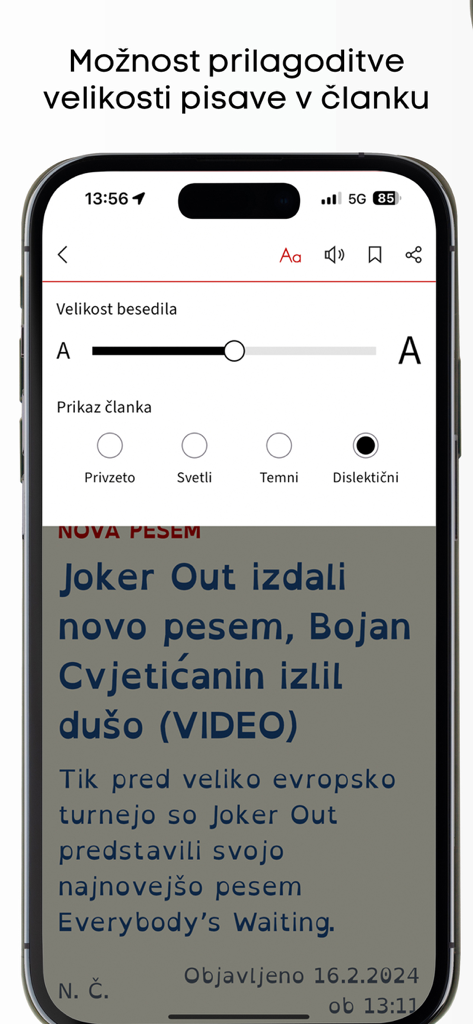 Slovenske novice - Interfaccia dell'app Slovenske novice che mostra le impostazioni di dimensione del carattere e modalità di lettura per dislessici.