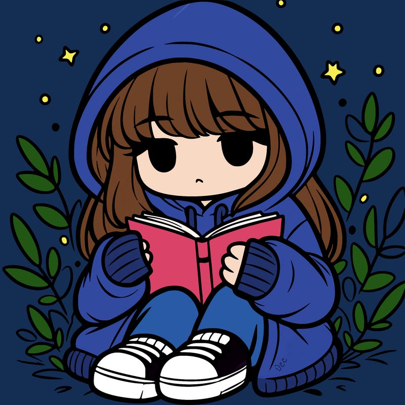 girl in oversized hoodie reading a book