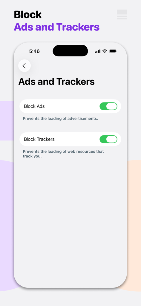 Roadblock app interface with toggles enabled for blocking ads and trackers.