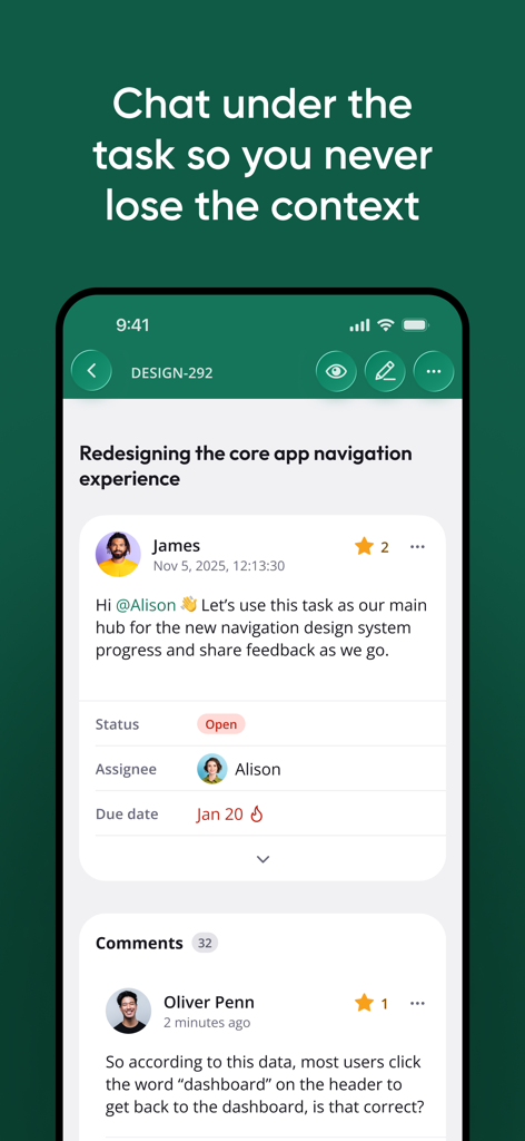Backlog: Project Management - Interfaz de la aplicación móvil Backlog que muestra una tarea del proyecto con un hilo de chat de equipo integrado para colaboración contextual.