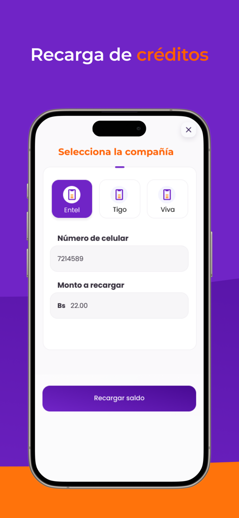Yolo Pago - Yolo Pago mobile credit recharge screen with options for Entel Tigo and Viva carriers in Bolivia