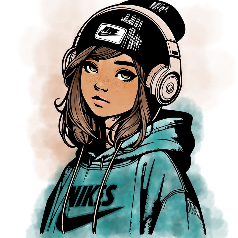 realistic girl wearing a hoodie and a beanie and headphones and nikes