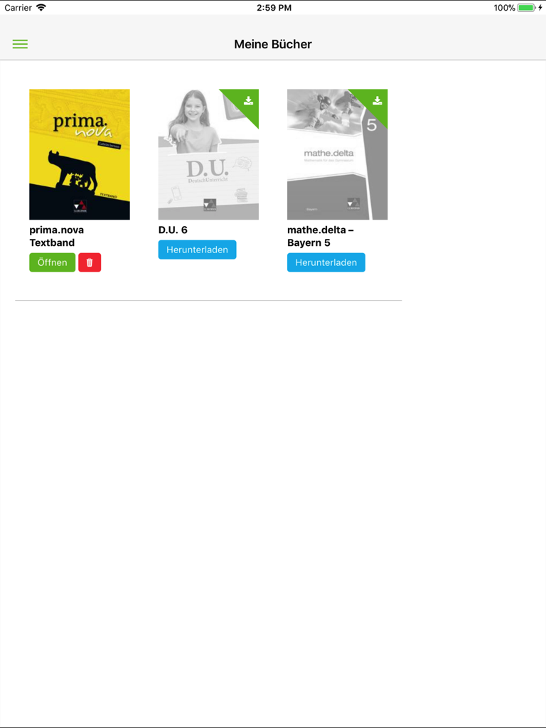 click & teach - 다양한 독일 학교 교과서를 표시하고 다운로드 또는 열기 옵션을 제공하는 click and teach 앱의 디지털 책장.