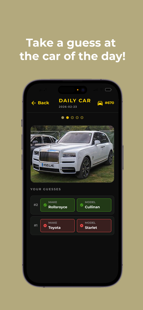 Car Geek - Mobile app interface showing a daily car guessing game with a Rolls Royce Cullinan