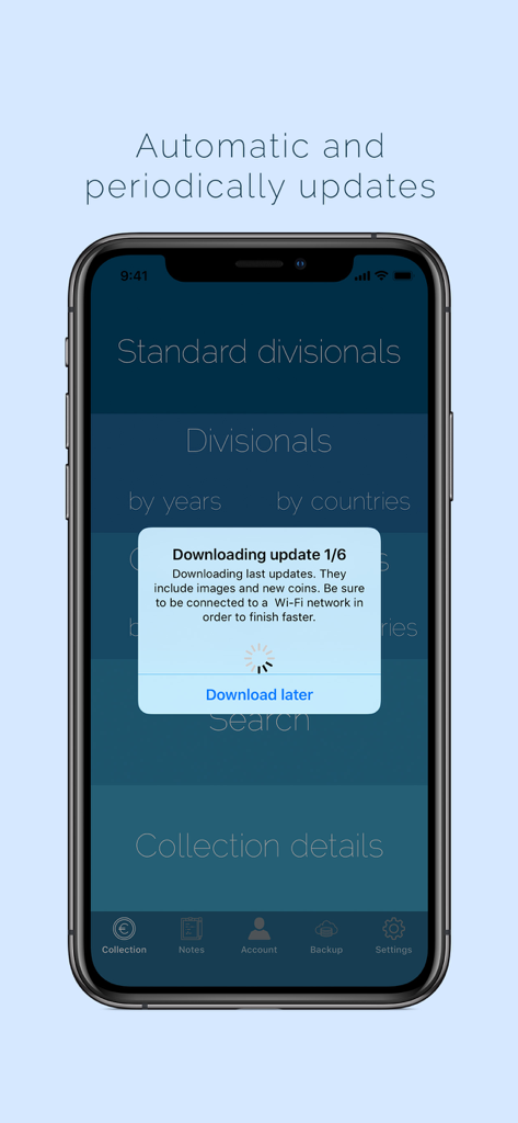 Euro Coins Album - Euro Coins Album app interface showing an automatic update process for new coin data