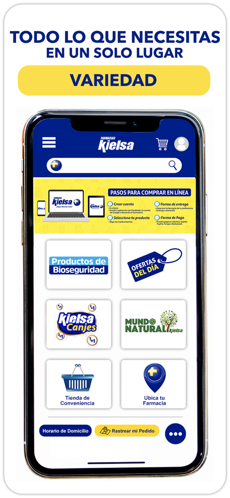 Farmacias Kielsa - Home screen of the Farmacias Kielsa app showing various pharmacy and convenience store categories