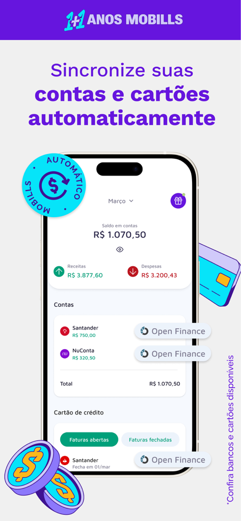 Mobills - Budget Planner - Interface de l'application Mobile pour la synchronisation automatique des comptes bancaires et des cartes de crédit