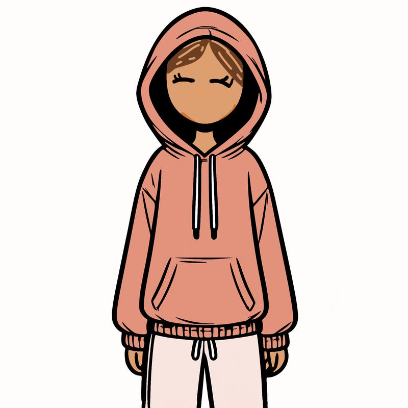 faceless girl in a tracksuit with a hood on and no hair