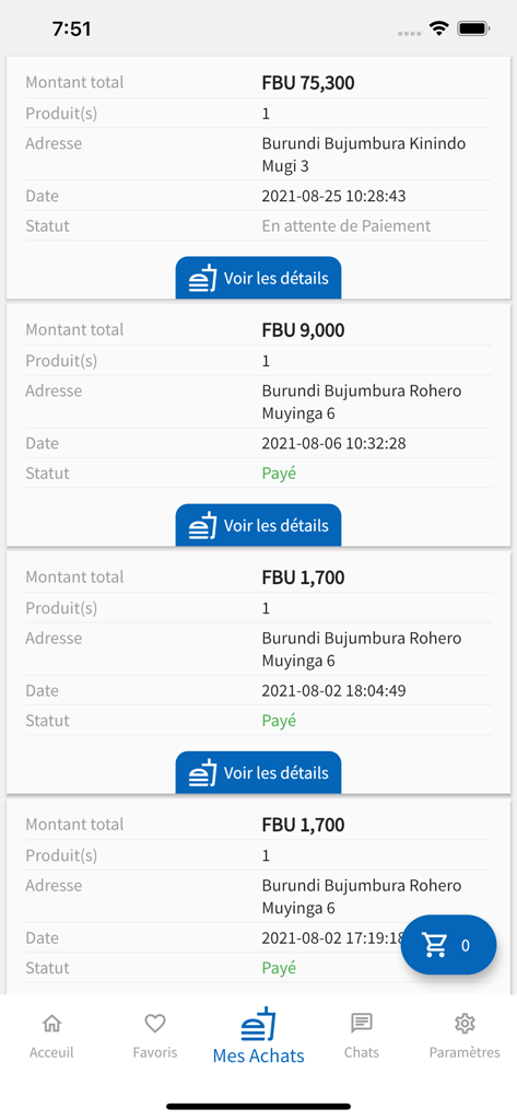 Duma Food - Duma Food mobile app interface showing a list of past orders with total prices in FBU and transaction statuses