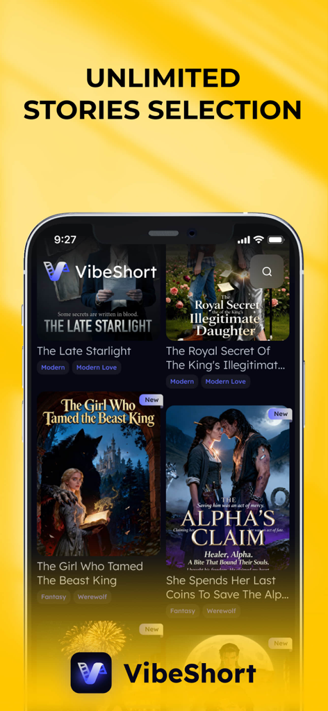 VibeShort: AI Comic Dramas - VibeShort App-Oberfläche, die eine Vielzahl von KI-Comic-Dramen mit Titeln wie The Alphas Claim und The Late Starlight zeigt