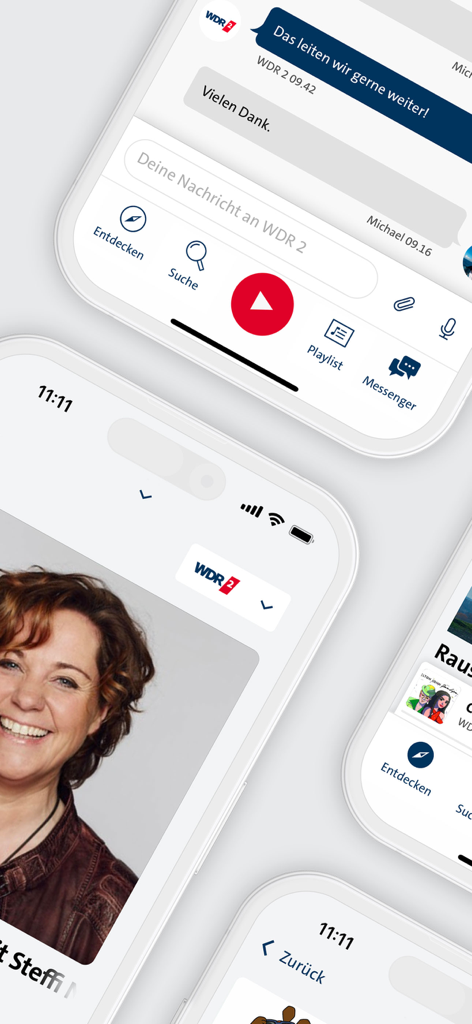Multiple screenshots of the WDR 2 mobile app showing messenger chat live radio player and presenter profiles