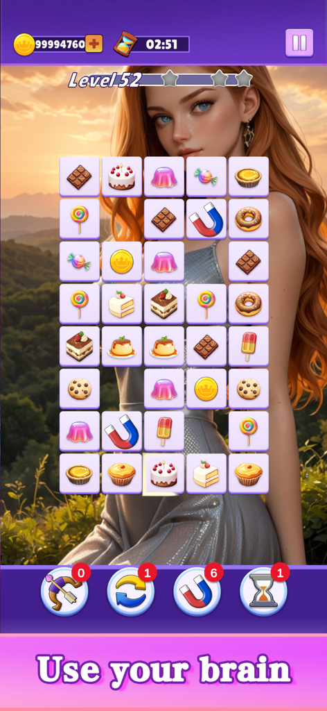 Beauties Onet - Pretty Match - A mobile gameplay screenshot of Beauties Onet showing a grid of food-themed matching tiles over a high-definition portrait of a woman.