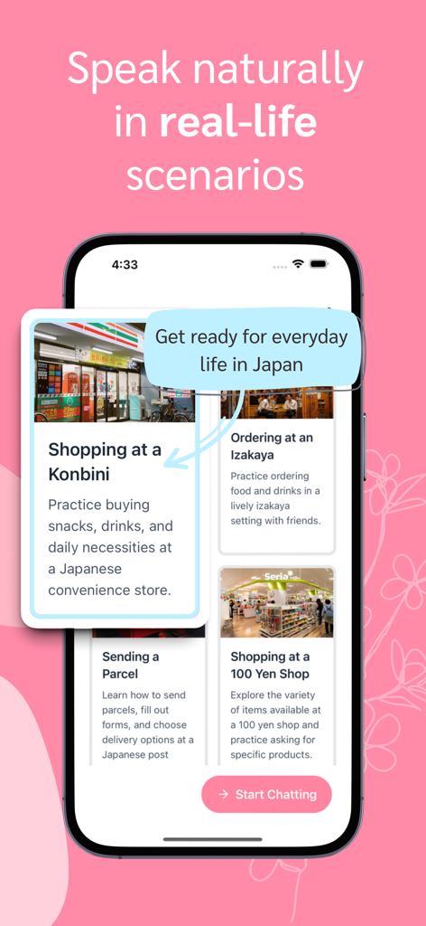 Interface of Hanashi app showing various Japanese conversation scenarios like shopping at a konbini and ordering at an izakaya