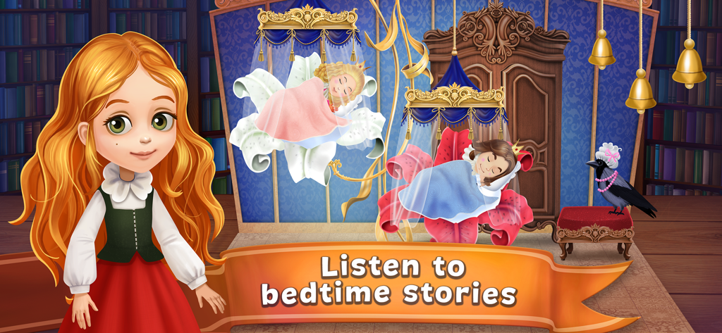 Cartoon girl in front of a library with sleeping characters and the text Listen to bedtime stories