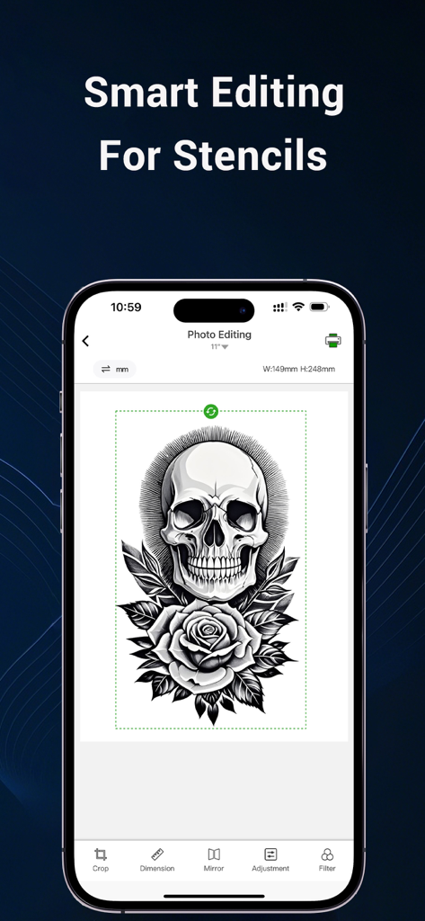 Smart Stencil - Smart Stencil app screen showing editing tools for a skull and rose tattoo design.