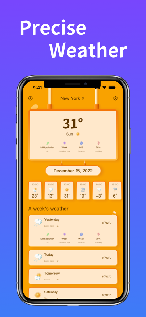 Interface da aplicação Weather Pro a mostrar uma previsão local precisa para Nova Iorque com temperatura e perspetiva semanal