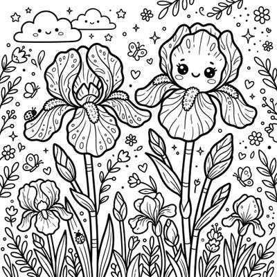 Discover the enchanting world of Kawaii Bearded Irises with this adorable coloring page. Featuring friendly flowers, cute clouds, and tiny creatures, it's perfect for a joyous coloring adventure.