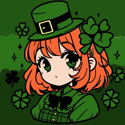 a manga-style girl with clovers around her, a little hat in her hair, like it's saint patrick's day