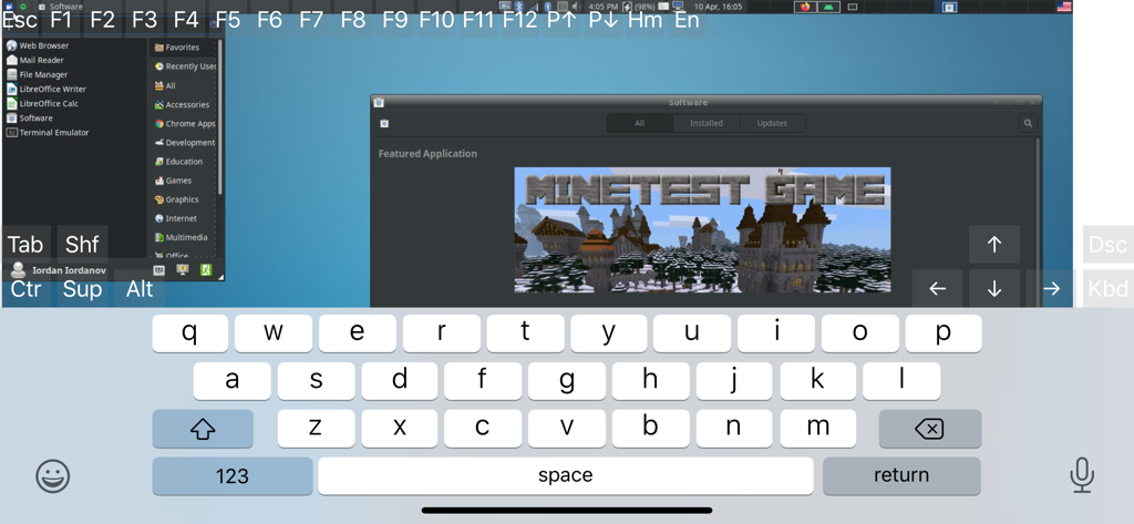 bVNC Pro - VNC Screen Sharing - bVNC Pro app interface showing a remote Linux desktop with on-screen keyboard and technical control keys