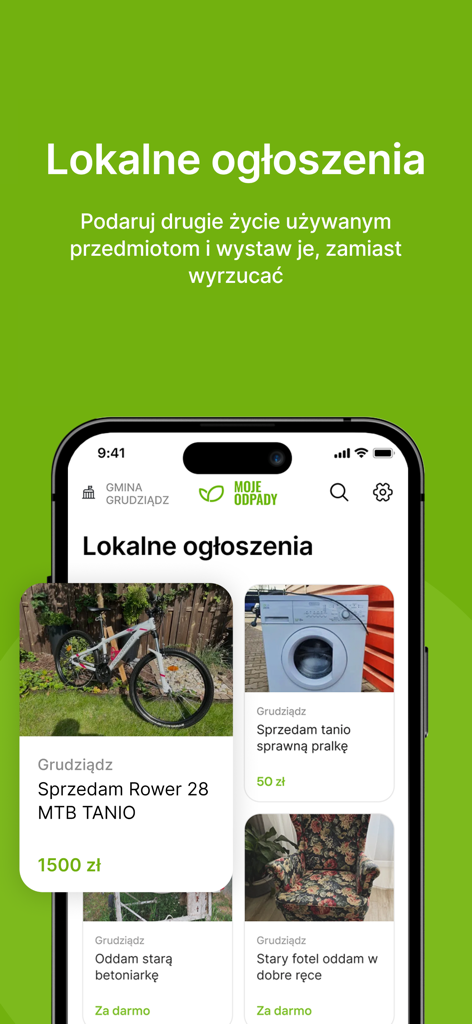 Waste collection schedule - Local announcements screen in the My Waste app showing second hand items for sale or donation