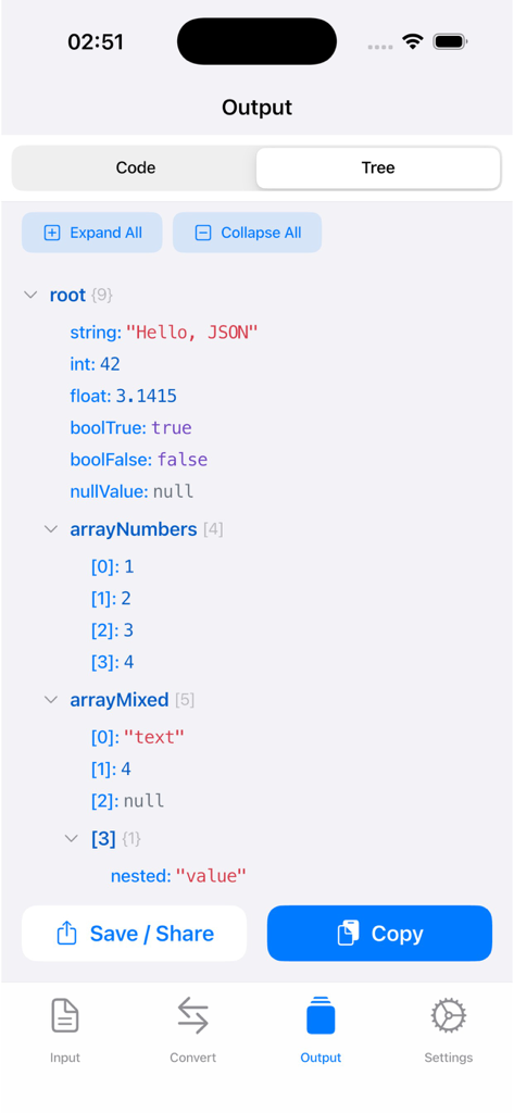 JSON Tools app interface showing the Tree Viewer feature for visualizing data structures on a mobile device