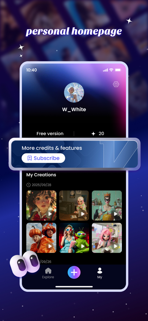 TopMediai app interface showing a user personal homepage with a gallery of AI generated videos
