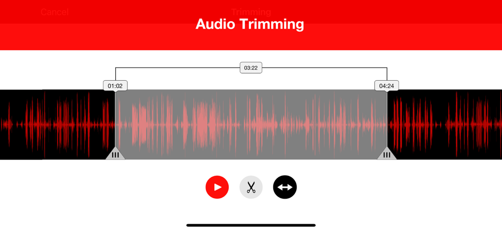 Voice Recorder - Audio Record - Audio trimming interface showing a red waveform with selection markers and editing tools