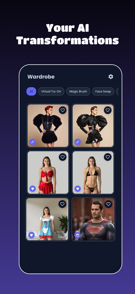 AI Clothes Changer: ReWear - La pantalla del guardarropa digital en la app ReWear mostrando transformaciones de moda IA e intercambios de rostros.