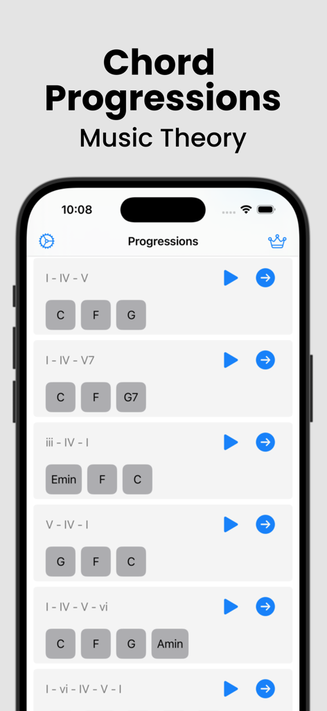 Piano Chords and Scales - A list of musical chord progressions on a mobile screen for piano practice and music theory