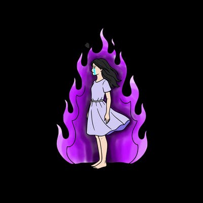 there is a fire but it's not so big but it's big but not too much and there is a girl standing in the middle