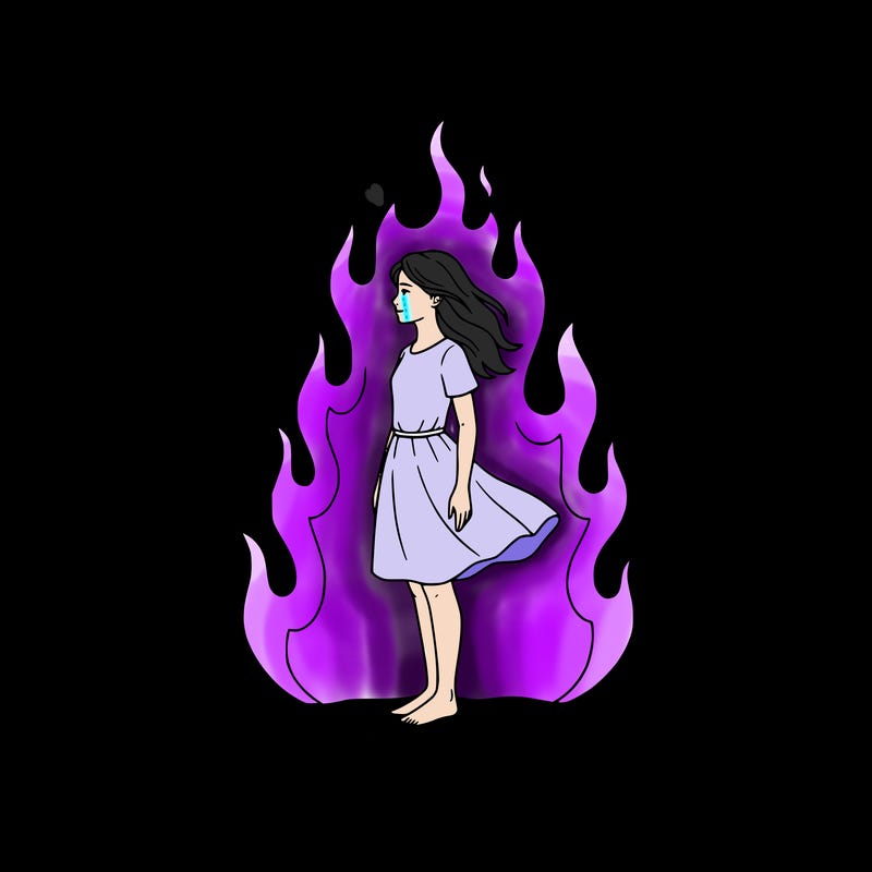 there is a fire but it's not so big but it's big but not too much and there is a girl standing in the middle