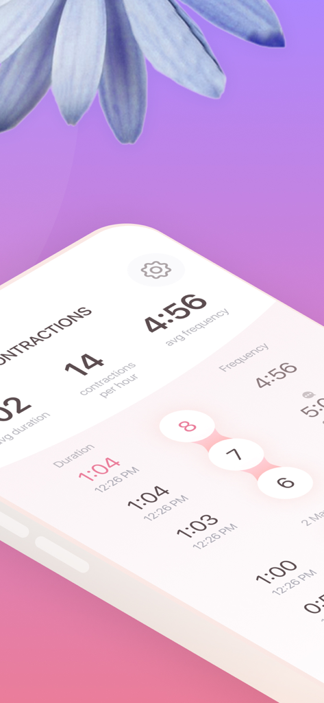 Contraction Timer & Counter 9m - Interfaz de la aplicación Contraction Timer que muestra la frecuencia y duración de las contracciones de parto con una lista de registros recientes