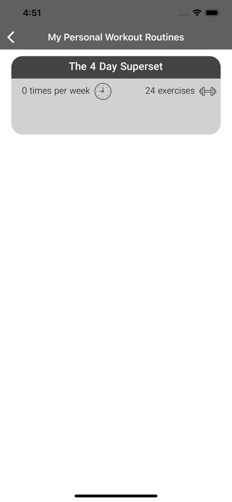 Schermata dell'app Fitnesskar che mostra una routine di allenamento superset personalizzata di quattro giorni