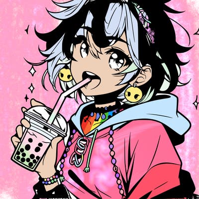 hot baddie anime girl drinking boba and biting the straw