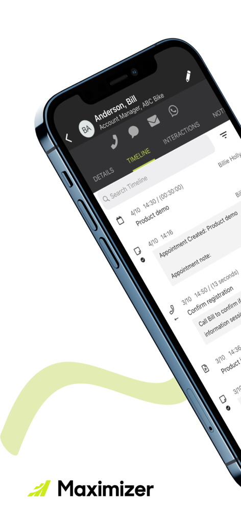 Application mobile Maximizer CRM affichant une chronologie de contact client avec des démos de produits et des journaux d'appels planifiés