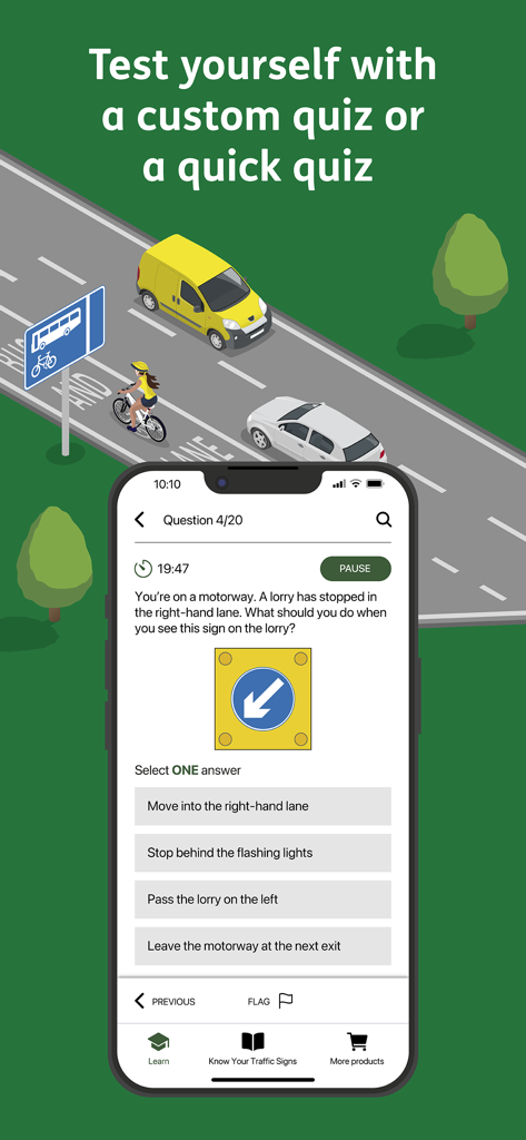 DfT Know Your Traffic Signs - DfT Know Your Traffic Signs app showing a motorway traffic sign quiz question.