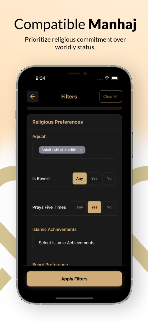 Zawaj Match — Sunnah Marriage - Screenshot of Zawaj Match app displaying religious preference filters for marriage