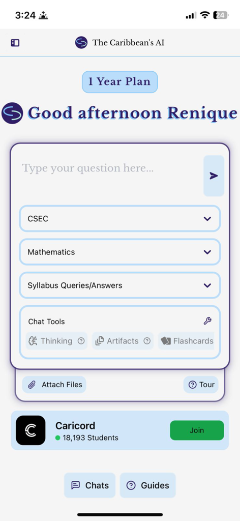The Caribbean's AI - Panel principal de la aplicación La IA del Caribe que muestra herramientas de estudio para los exámenes CSEC y CAPE