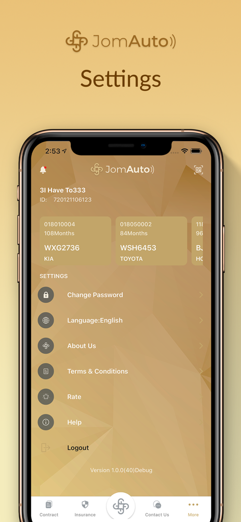 JomAuto - La pantalla de configuración de la aplicación JomAuto que muestra la información de la cuenta y las opciones del menú.