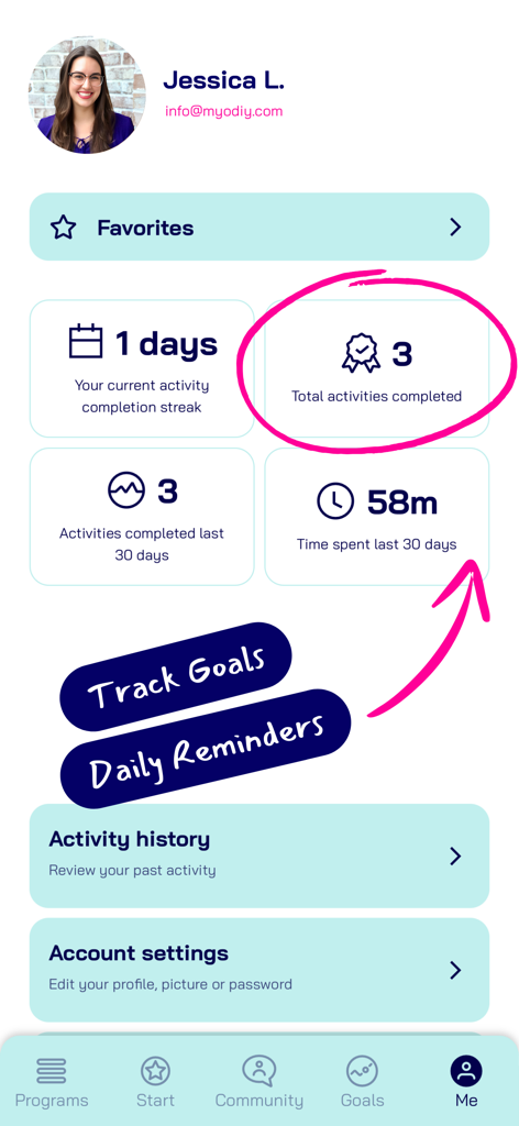 Myo DIY - A user profile dashboard in the Myo DIY app showing progress stats like activity streaks and completed myofunctional exercises