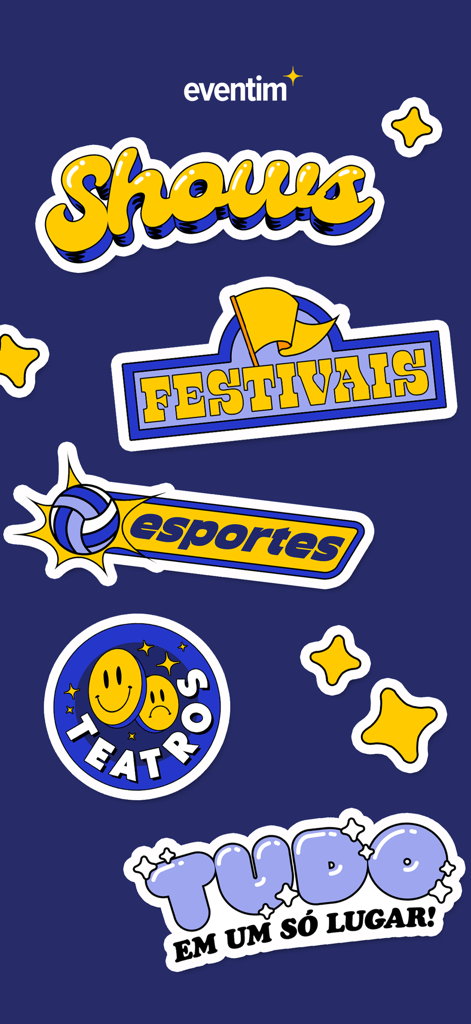 EVENTIM Brasil - Colorful stickers displaying various event categories like shows, festivals, sports, and theaters on the EVENTIM Brasil app interface.