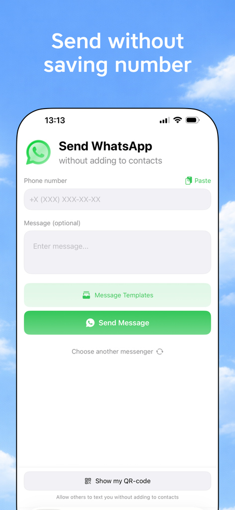 QuickChat: communicate faster - Screen for sending a WhatsApp message without saving the phone number in QuickChat app
