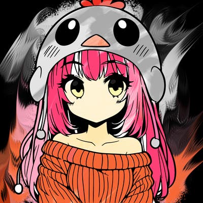 anime girl with chick shaped hat with sweater with bare shoulders with bangs covering them one eye with low tail
