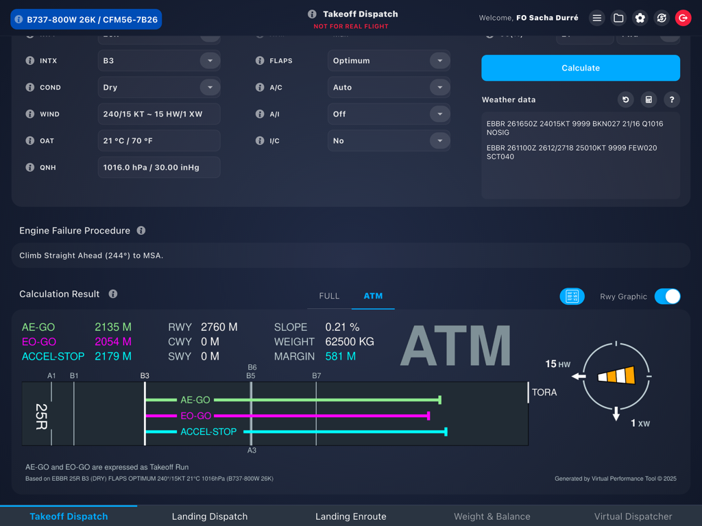 Screenshot of the Virtual Performance Tool app showing takeoff performance calculations and runway graphic for a Boeing 737