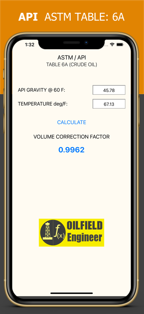 Interface do aplicativo Tabela ASTM 6A mostrando um cálculo de fator de correção de volume de petróleo bruto.