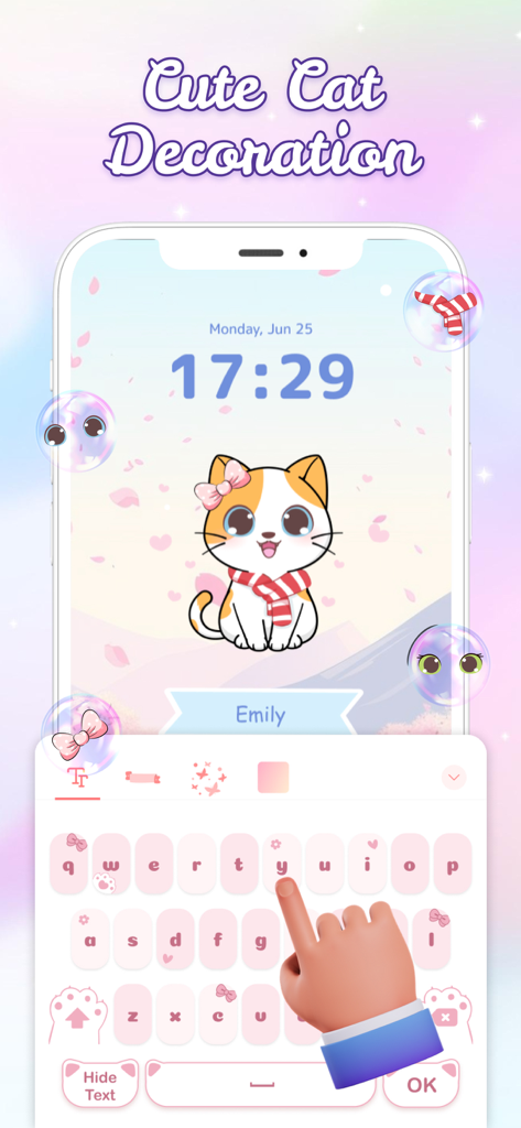 Flower Language Keyboard - iPhone screen showing a customized cute cat wallpaper and pink decorative keyboard interface