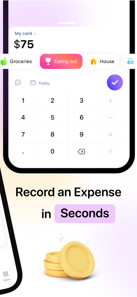 Pantalla de smartphone mostrando la interfaz de registro rápido de gastos de la aplicación de presupuesto BASE con un teclado numérico y categorías de gasto