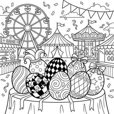 Dive into a world where Easter joy meets carnival thrills with this unique coloring page! Featuring beautifully patterned Easter eggs set against a lively fairground scene, it offers endless creative possibilities.